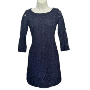 Vince Camuto navy blue lace overlay 3/4 sleeve dress size 2